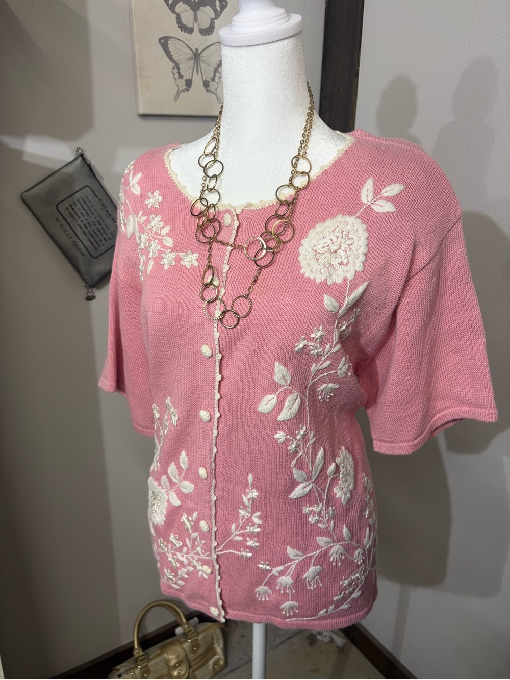 Arriviste Pink Floral Embroidered Short Sleeve Cardigan